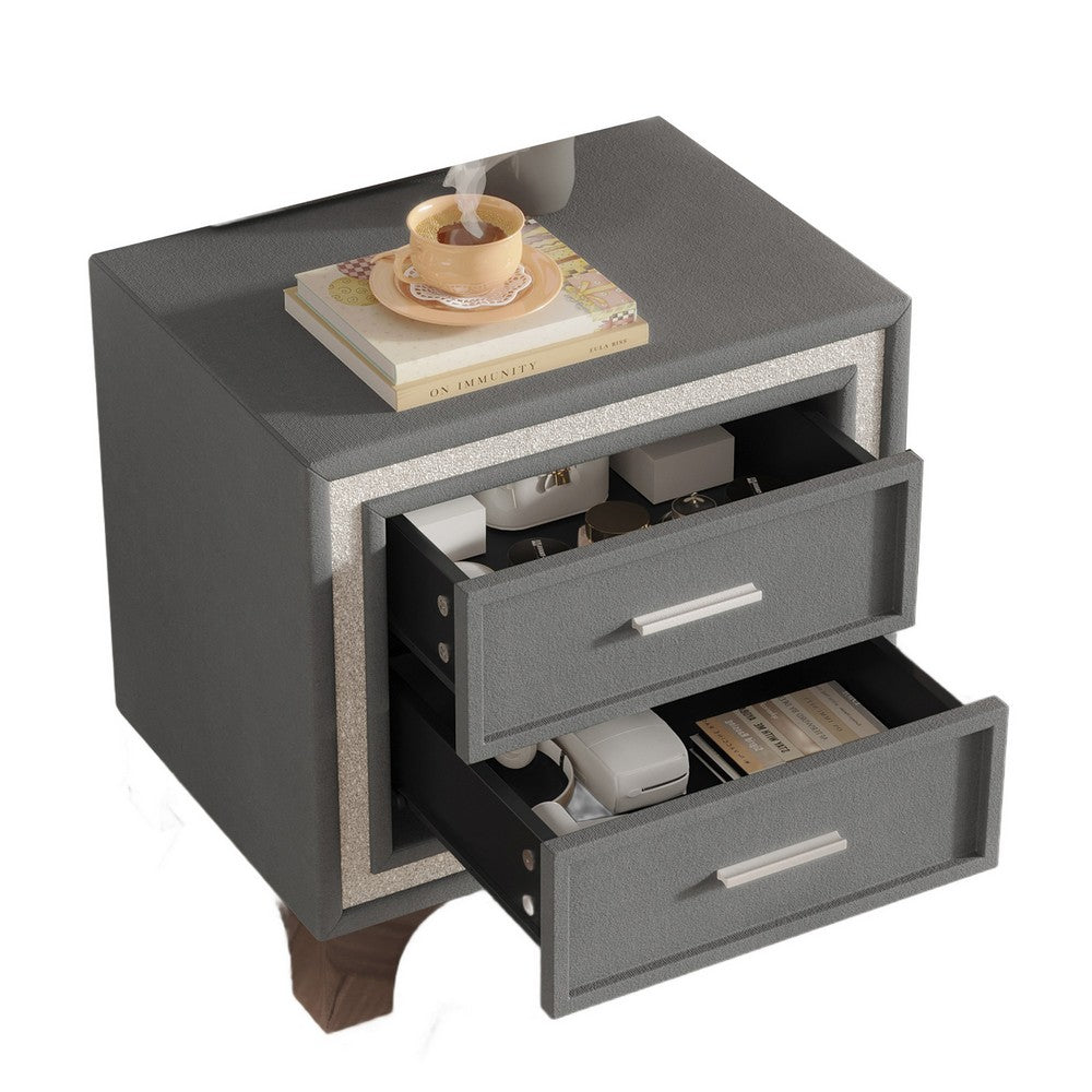 Lizzy Nightstand with Glitter Trim | Metal Legs | 2 Drawers | Gray Velvet