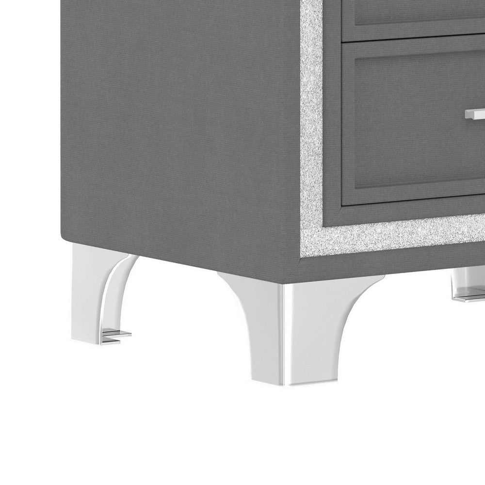Lizzy Nightstand with Glitter Trim | Metal Legs | 2 Drawers | Gray Velvet