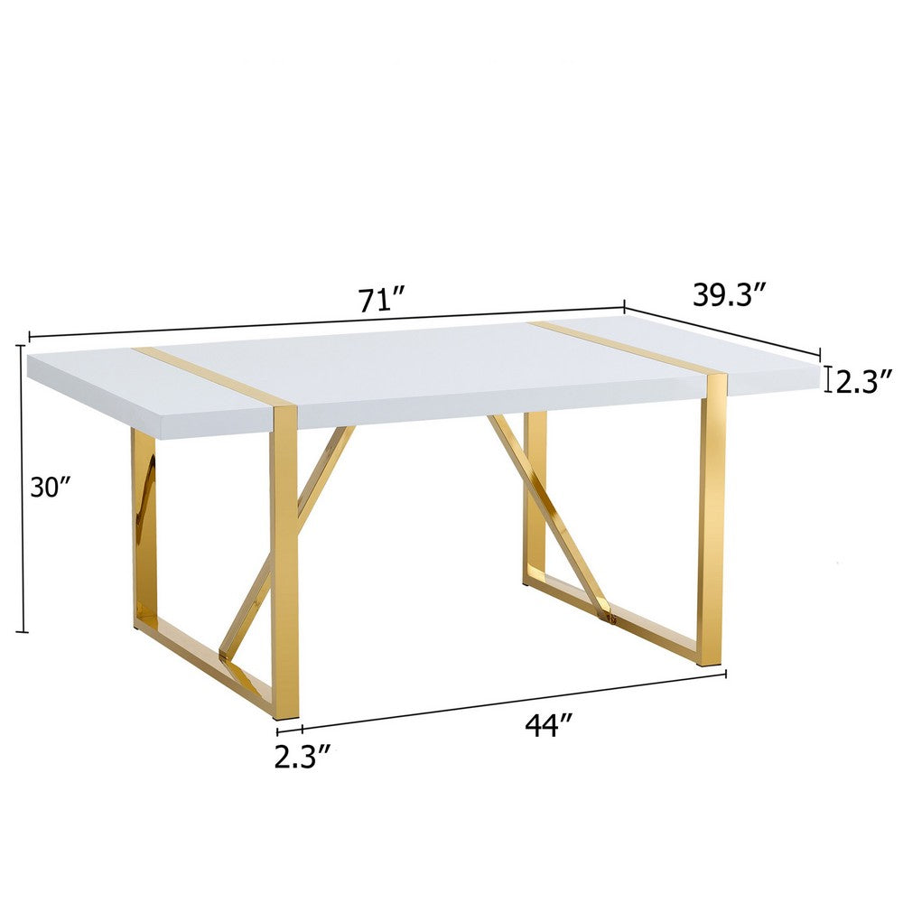 Soha Rectangular Dining Table with Gold Metal Legs | White Wood 71"