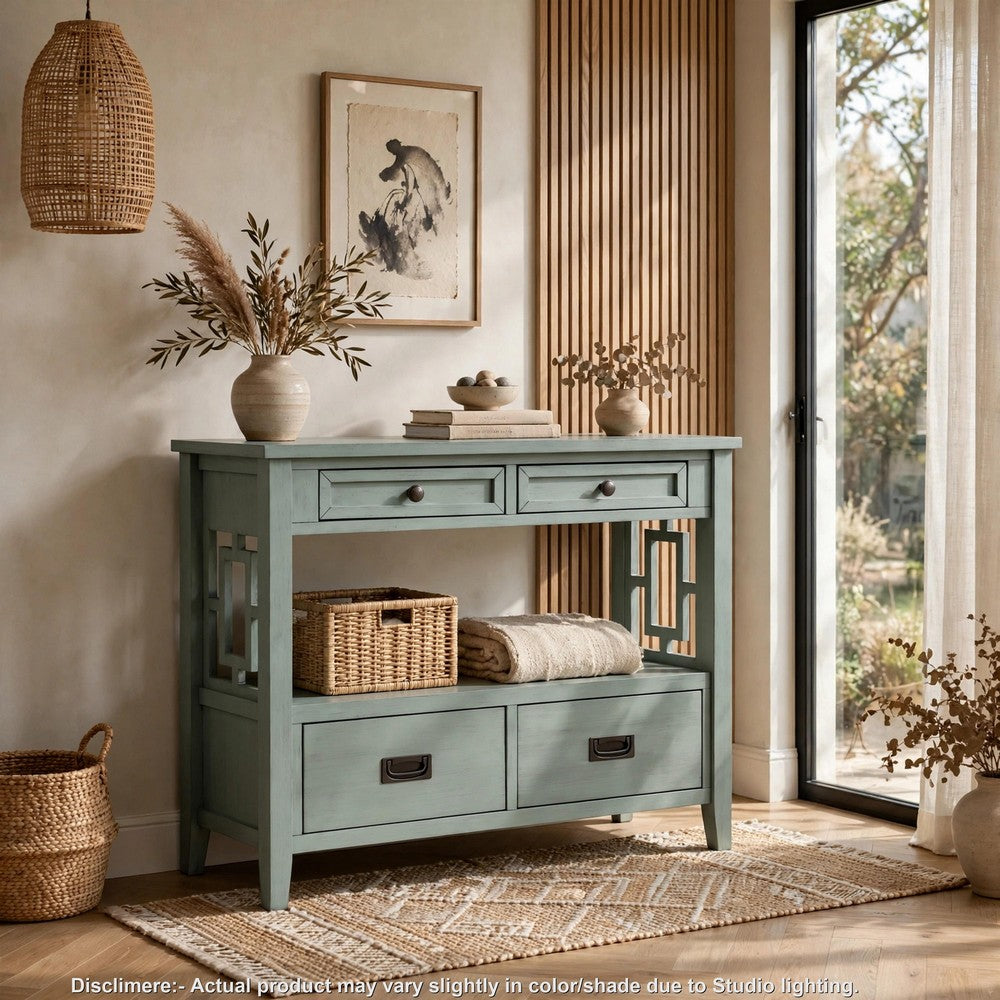 Freddy Sofa Console Table | 4 Drawers and Shelf | Blue Pine Wood 36"