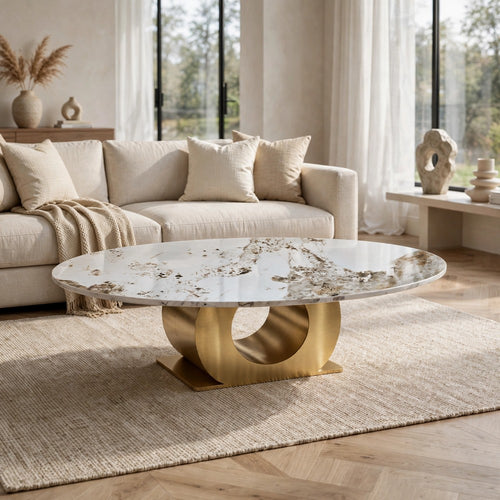 Nayna Oval Coffee Table with Sintered Stone | Gold O-Shaped Steel Base 49"