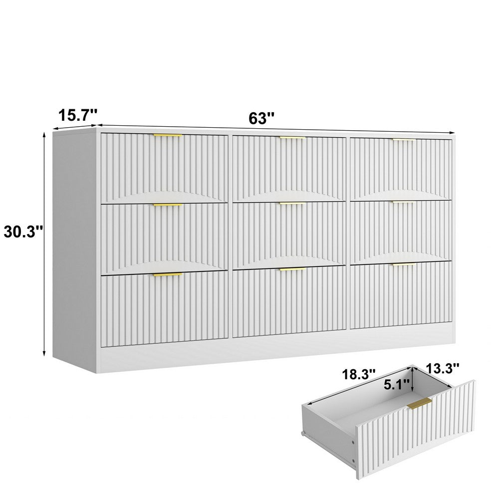 Gilly Wide Dresser | 9 Drawers | Wavy Front Panels | White Wood