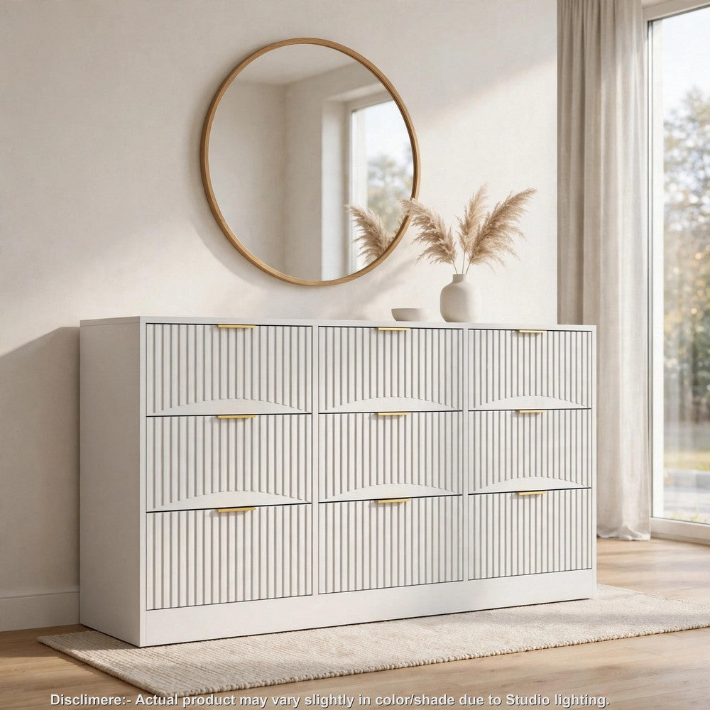 Gilly Wide Dresser | 9 Drawers | Wavy Front Panels | White Wood
