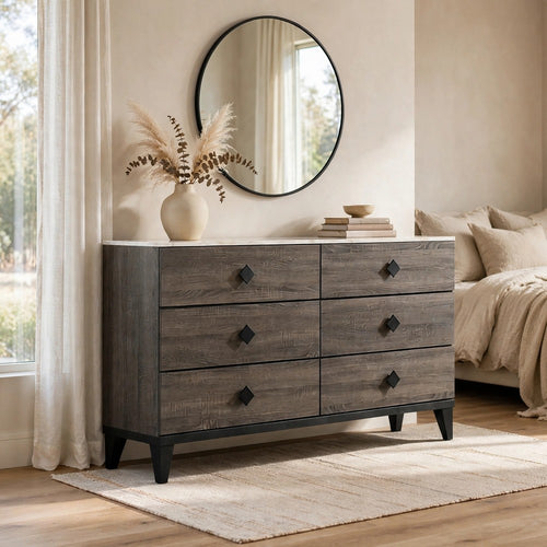Wide Dresser | 6 Drawers | Faux Marble Top | Black Geometric Knobs | Gray