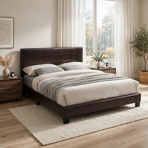 Bei Queen Bed | Adjustable Headboard | Faux Leather Upholstery Espresso Brown