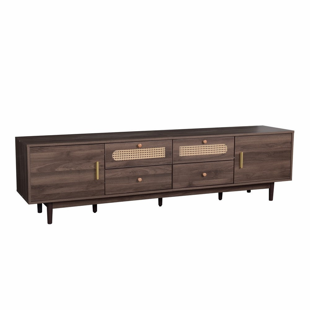TV Media Cabinet | 4 Doors | 2 Drawers | Rattan Accents | Dark Brown 77"