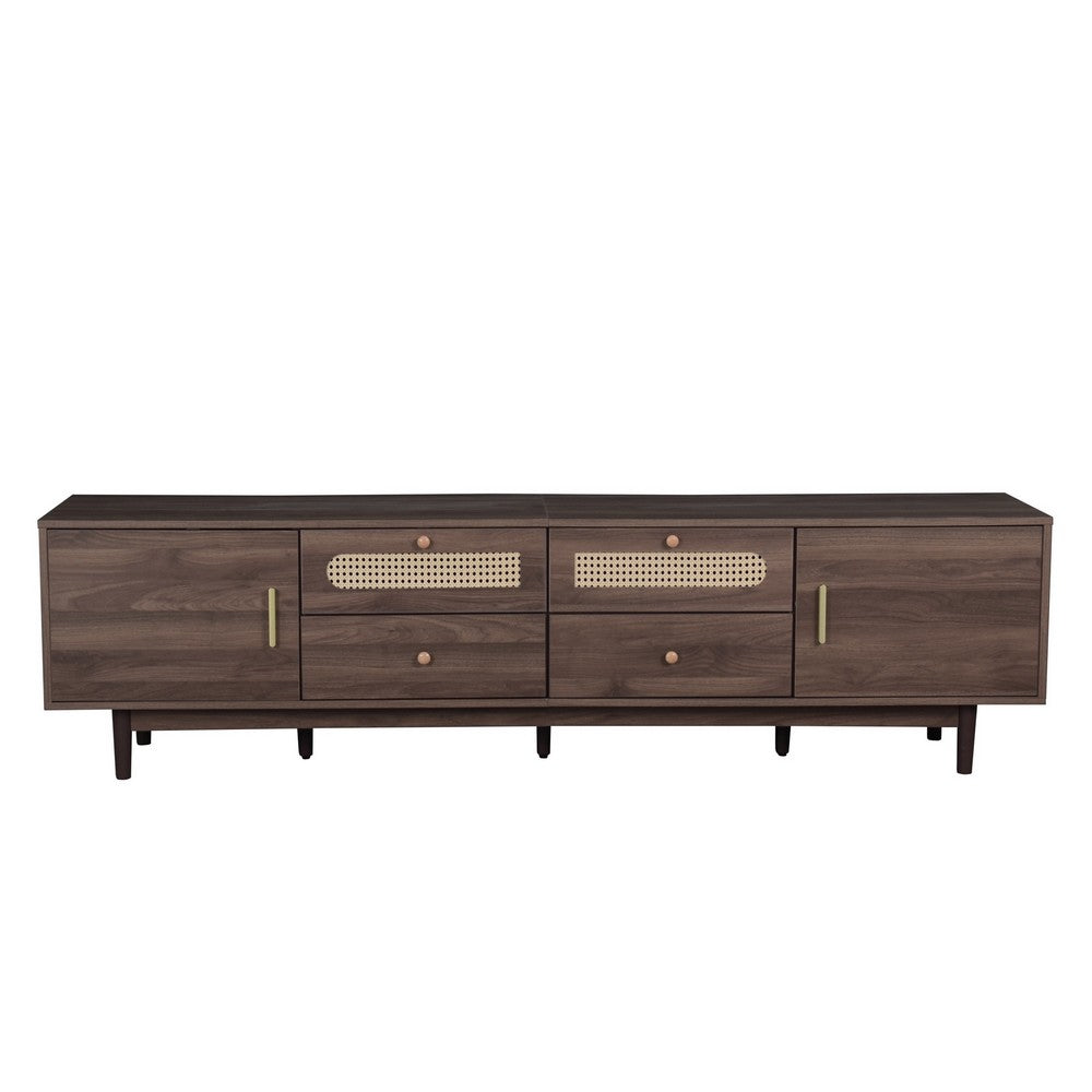 TV Media Cabinet | 4 Doors | 2 Drawers | Rattan Accents | Dark Brown 77"