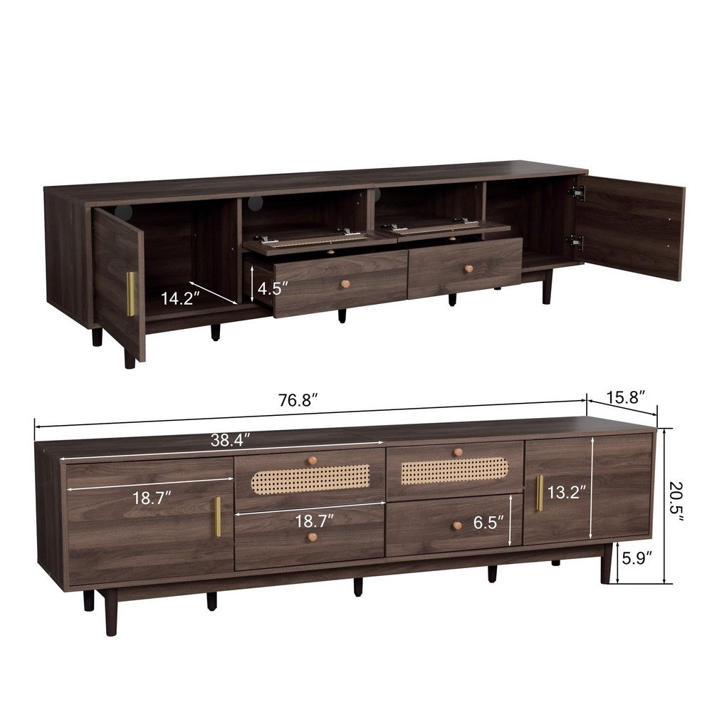 TV Media Cabinet | 4 Doors | 2 Drawers | Rattan Accents | Dark Brown 77"