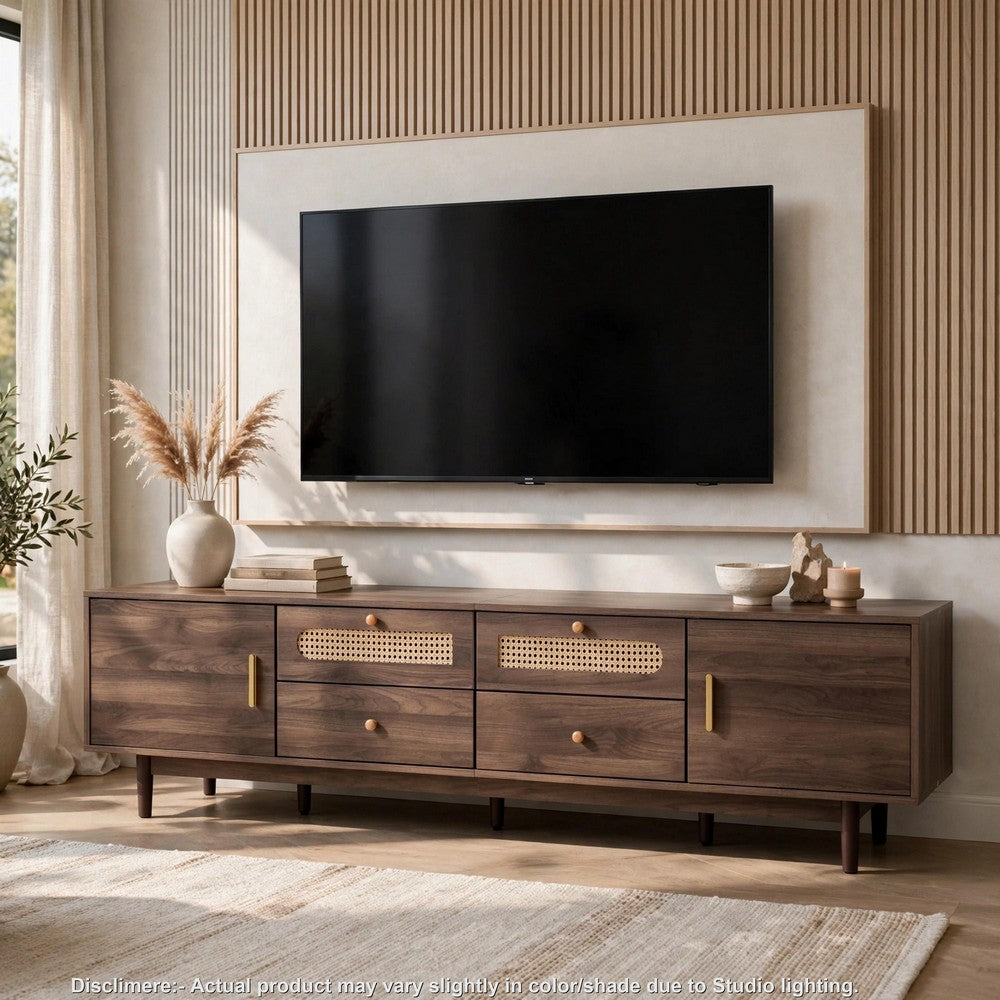 TV Media Cabinet | 4 Doors | 2 Drawers | Rattan Accents | Dark Brown 77"