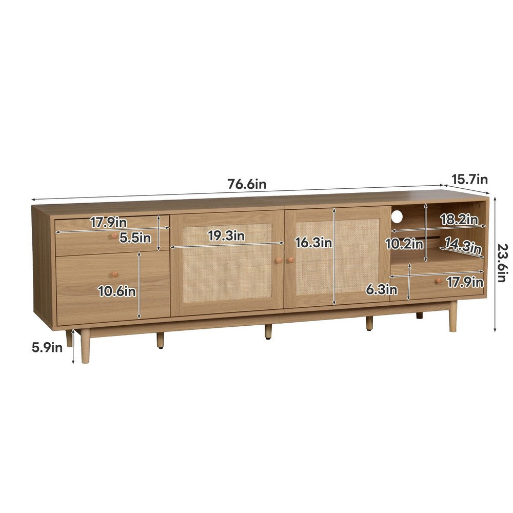 TV Media Cabinet | 2 Rattan Doors | 3 Drawers | 1 Shelf | Natural Brown 77"
