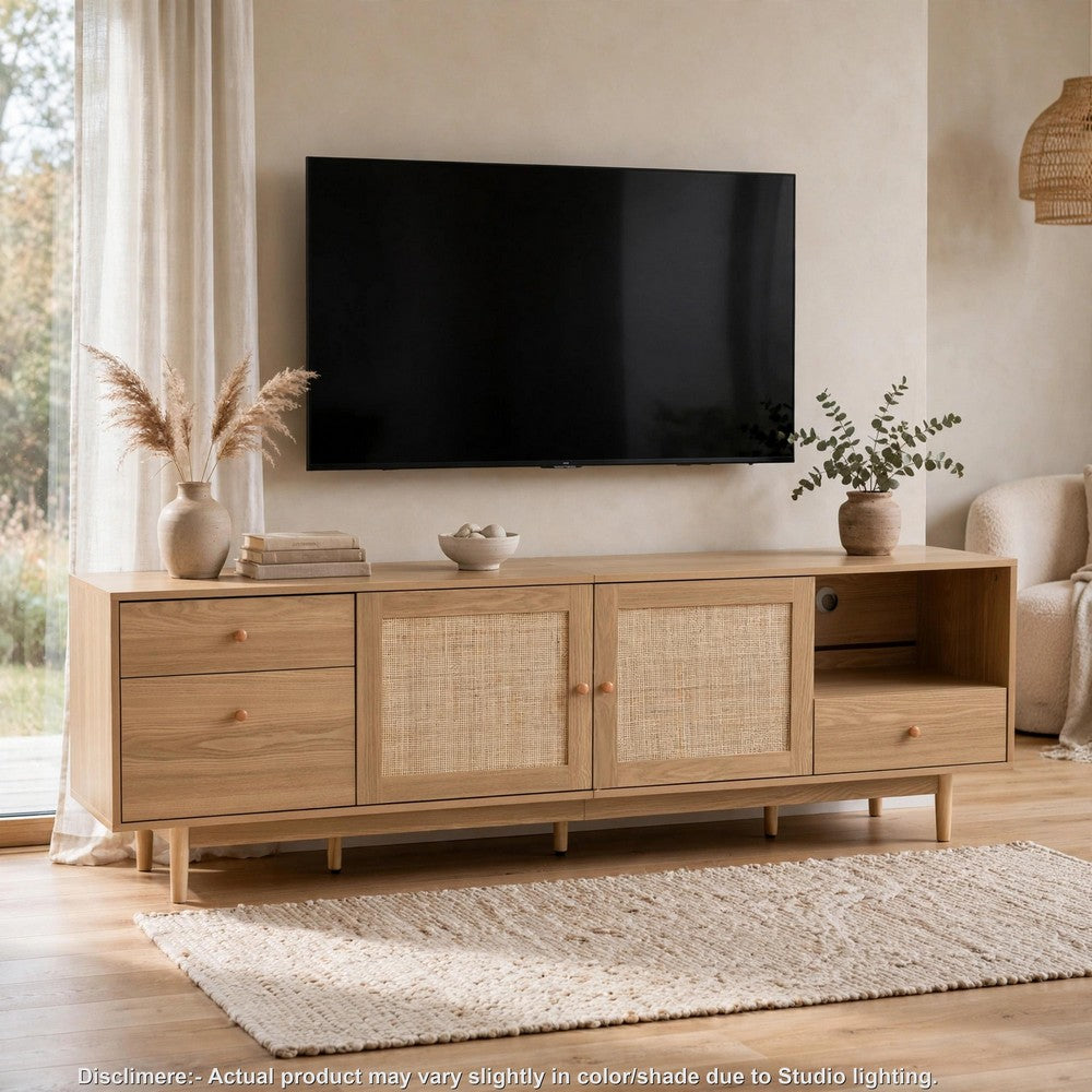 TV Media Cabinet | 2 Rattan Doors | 3 Drawers | 1 Shelf | Natural Brown 77"
