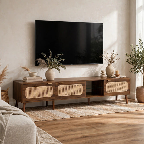 TV Media Cabinet | 3 Rattan Doors | Glass Shelf | Walnut Brown 79"