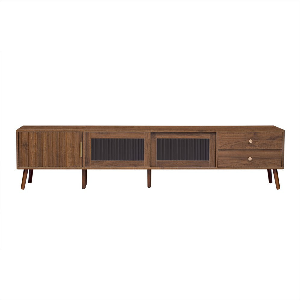 TV Media Cabinet | Glass Sliding Doors | 2 Drawers | Natural Brown | 77"