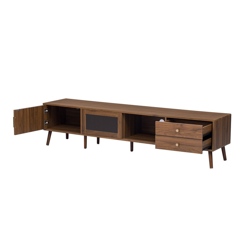 TV Media Cabinet | Glass Sliding Doors | 2 Drawers | Natural Brown | 77"