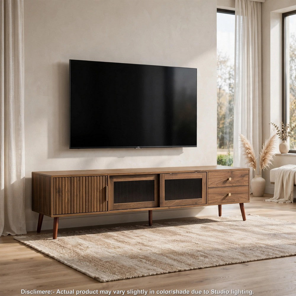 TV Media Cabinet | Glass Sliding Doors | 2 Drawers | Natural Brown | 77"