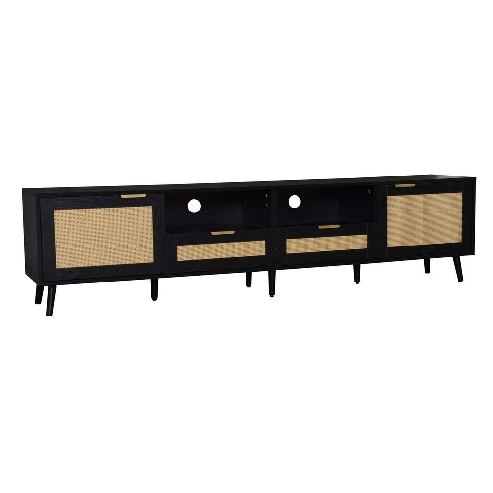 Yumi TV Media Cabinet | 2 Rattan Doors w Drawers | 2 Shelves | Black 79"