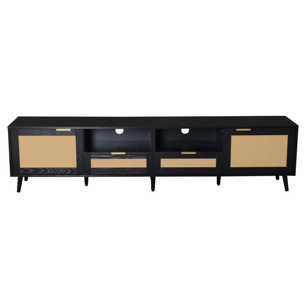Yumi TV Media Cabinet | 2 Rattan Doors w Drawers | 2 Shelves | Black 79"