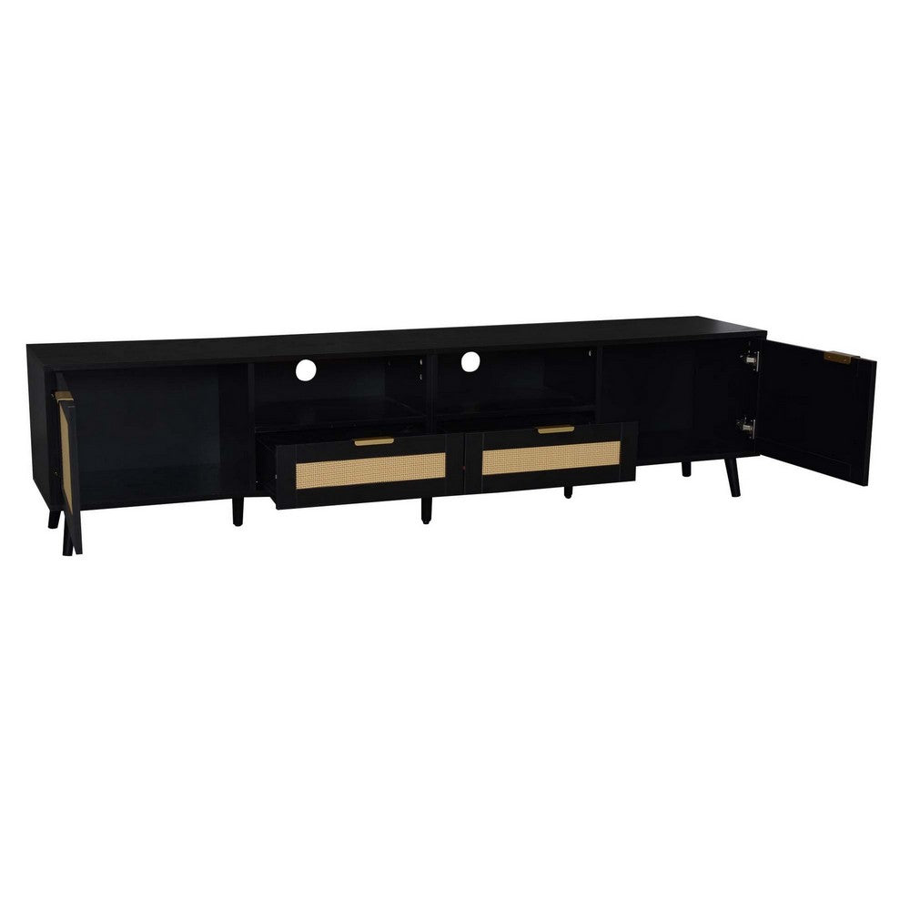 Yumi TV Media Cabinet | 2 Rattan Doors w Drawers | 2 Shelves | Black 79"