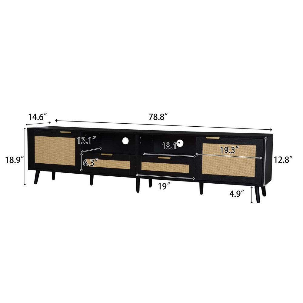 Yumi TV Media Cabinet | 2 Rattan Doors w Drawers | 2 Shelves | Black 79"