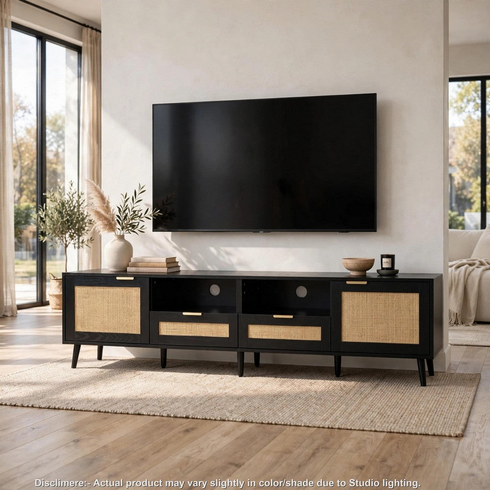 Yumi TV Media Cabinet | 2 Rattan Doors w Drawers | 2 Shelves | Black 79"