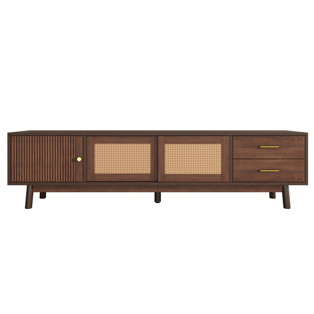 TV Media Cabinet | Rattan Sliding Doors | 2 Drawers | Dark Brown 71"