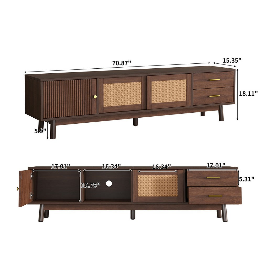 TV Media Cabinet | Rattan Sliding Doors | 2 Drawers | Dark Brown 71"