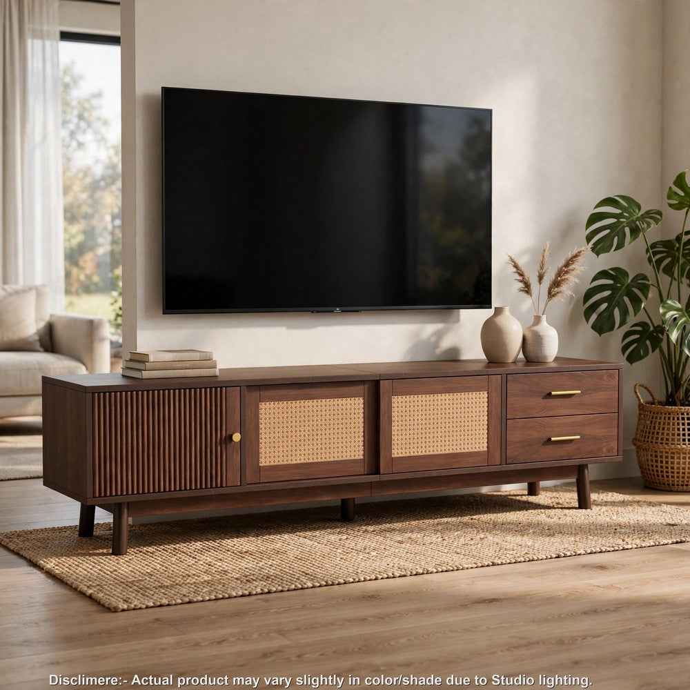 TV Media Cabinet | Rattan Sliding Doors | 2 Drawers | Dark Brown 71"