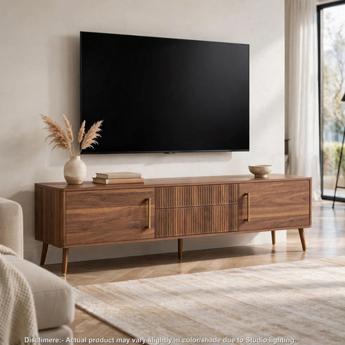 TV Media Cabinet | 2 Doors | Vertical Ribbed Drawers | Walnut Brown 71"