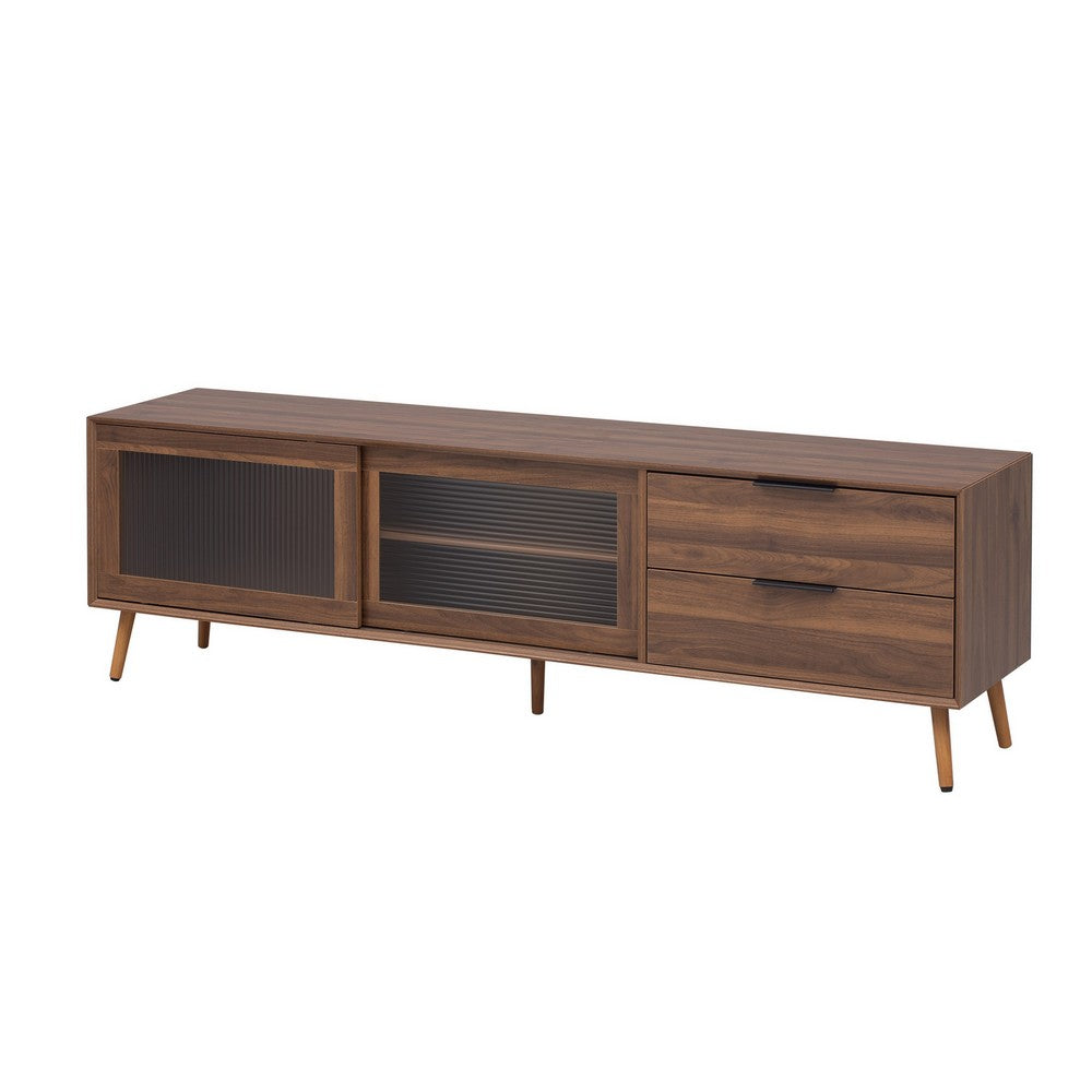 TV Media Cabinet | Fluted Glass Doors | 2 Drawers | Walnut Brown 71"