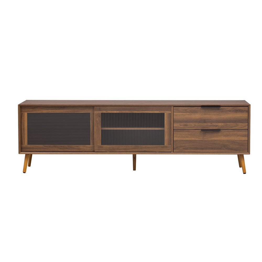 TV Media Cabinet | Fluted Glass Doors | 2 Drawers | Walnut Brown 71"