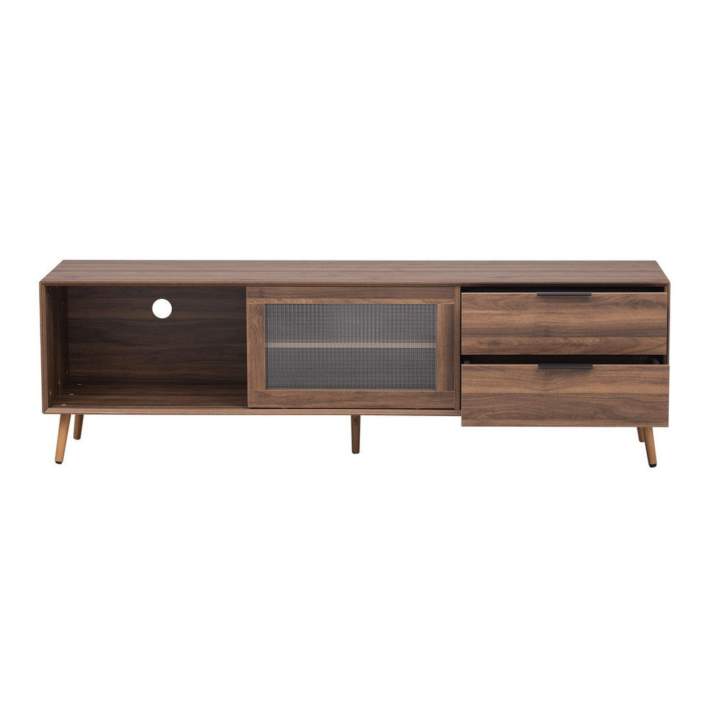 TV Media Cabinet | Fluted Glass Doors | 2 Drawers | Walnut Brown 71"