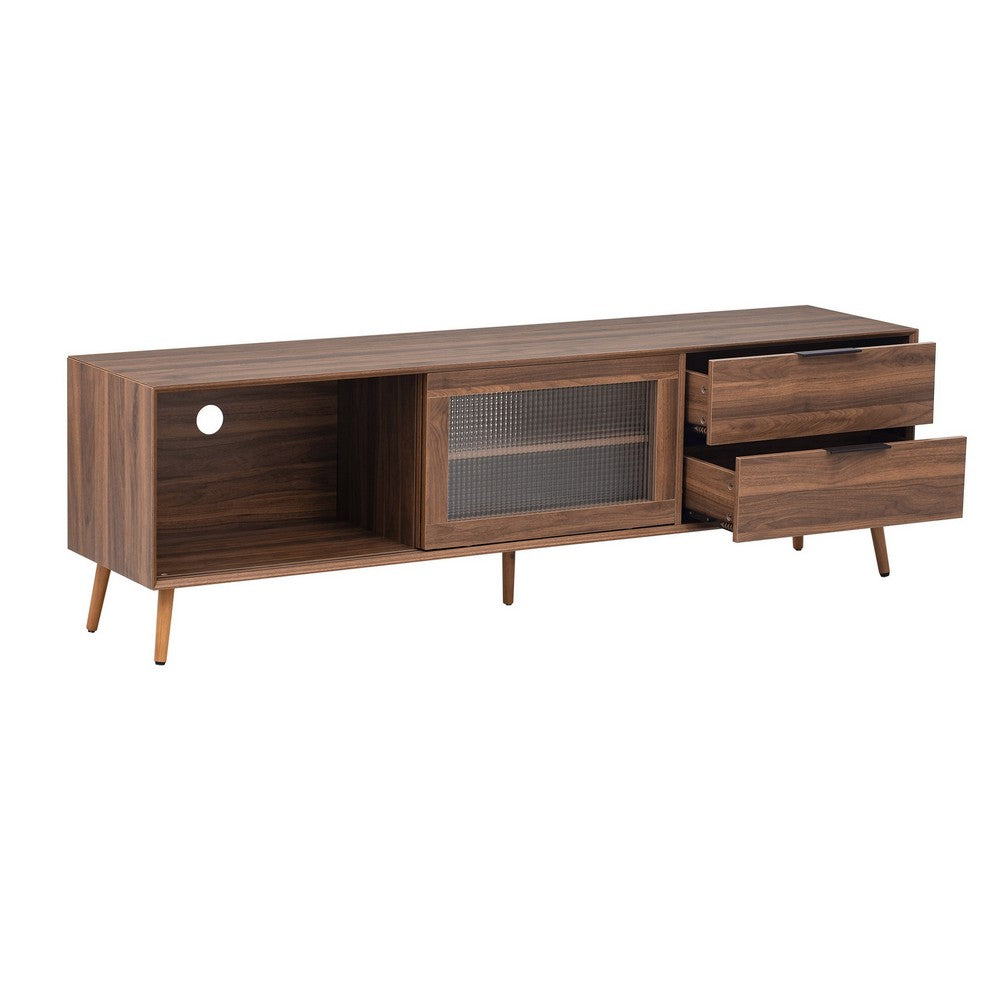 TV Media Cabinet | Fluted Glass Doors | 2 Drawers | Walnut Brown 71"
