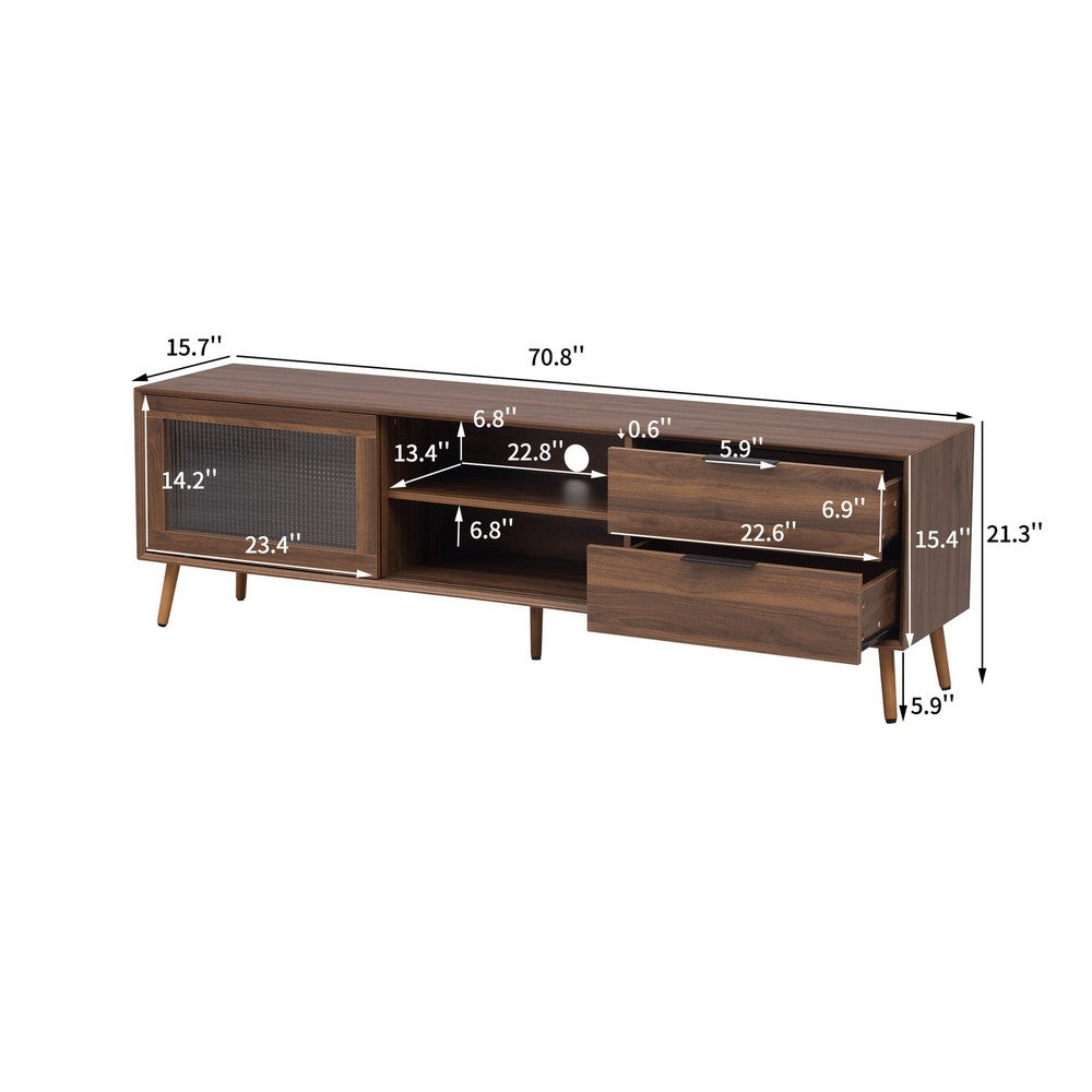TV Media Cabinet | Fluted Glass Doors | 2 Drawers | Walnut Brown 71"