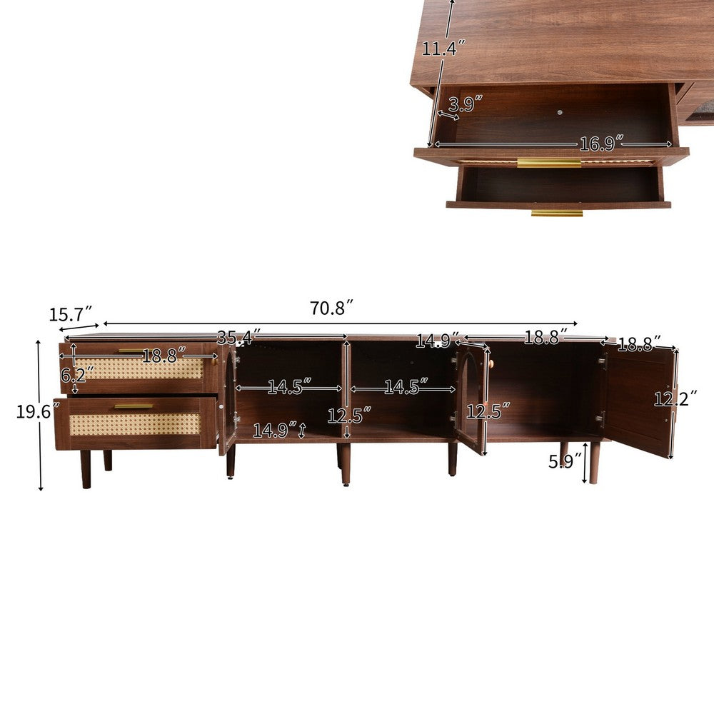 TV Media Cabinet w LED | Music Mode | Arch Glass Doors | Dark Brown 71"