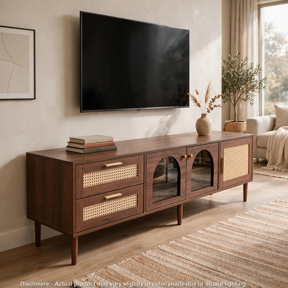 TV Media Cabinet w LED | Music Mode | Arch Glass Doors | Dark Brown 71"