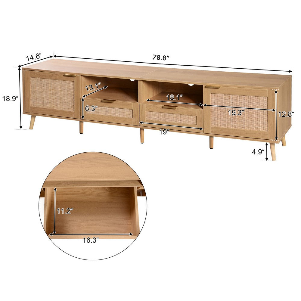 Yumi TV Media Cabinet | Rattan Doors w Drawers | Natural Brown 79"