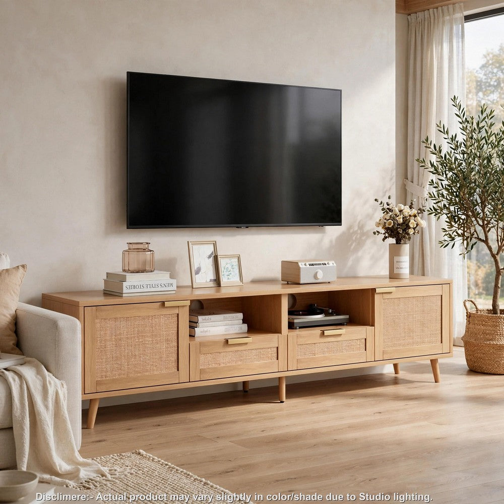 Yumi TV Media Cabinet | Rattan Doors w Drawers | Natural Brown 79"
