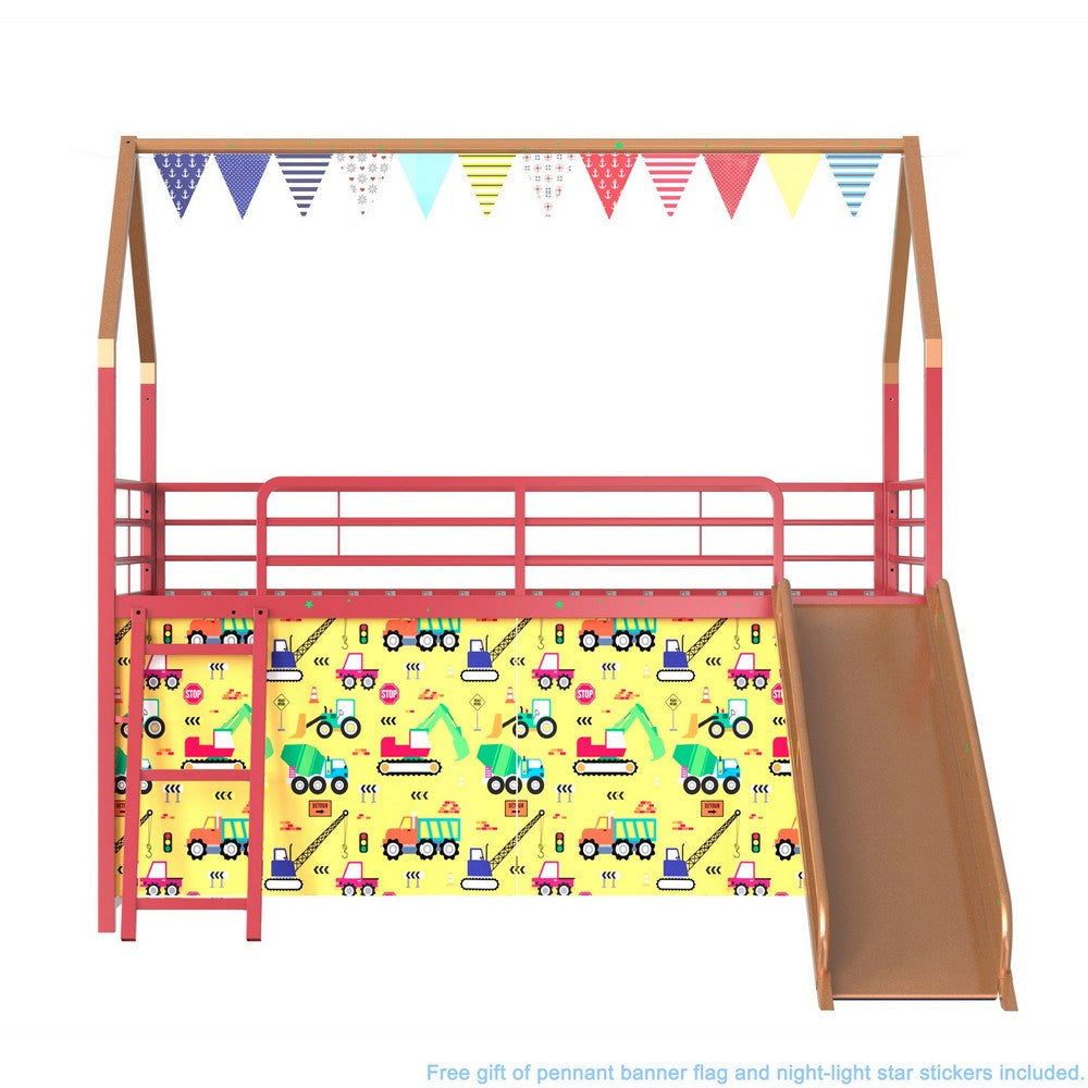 Zeso Kids Twin Loft Bed | House Design | Slide and Curtain | Gold and Red
