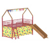 Zeso Kids Twin Loft Bed | House Design | Slide and Curtain | Gold and Red