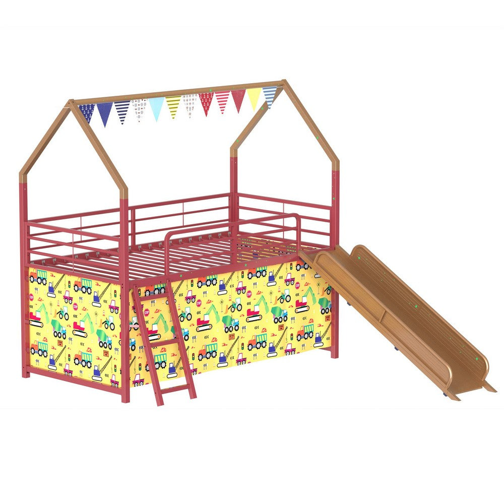 Zeso Kids Twin Loft Bed | House Design | Slide and Curtain | Gold and Red