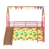 Zeso Kids Twin Loft Bed | House Design | Slide and Curtain | Gold and Red