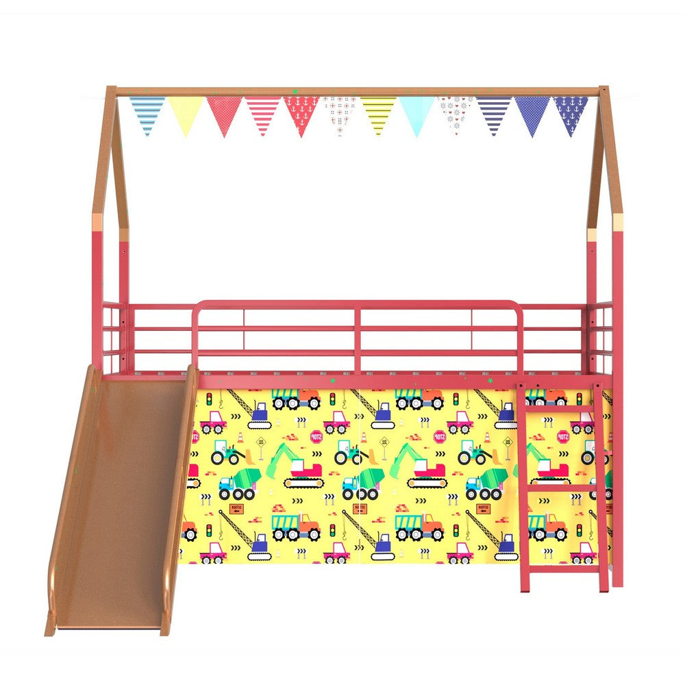 Zeso Kids Twin Loft Bed | House Design | Slide and Curtain | Gold and Red