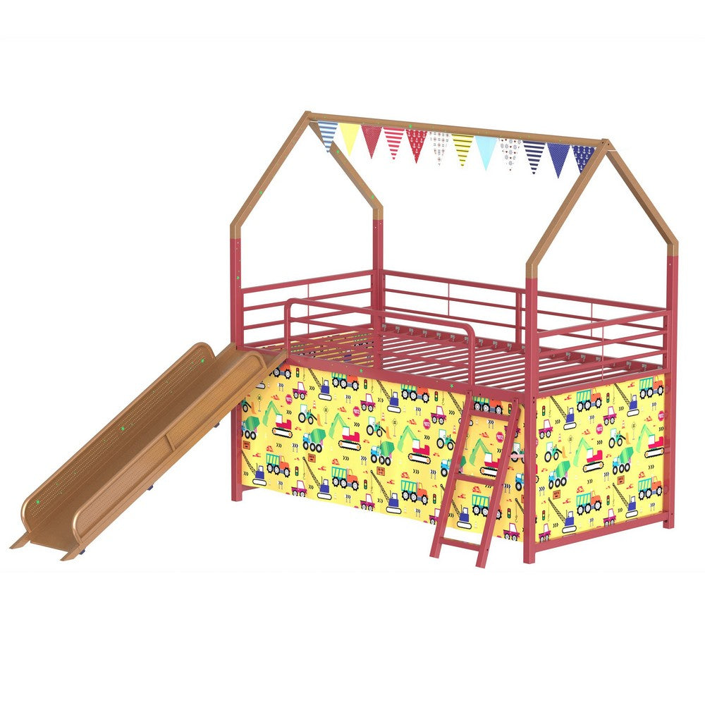 Zeso Kids Twin Loft Bed | House Design | Slide and Curtain | Gold and Red