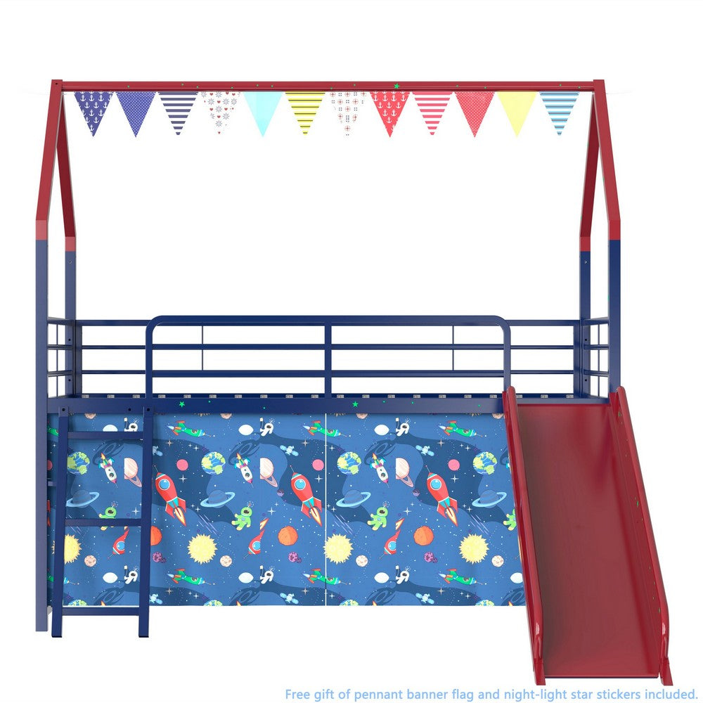 Zeso Kids Twin Loft Bed | House Design | Slide and Curtain | Navy Blue and Red