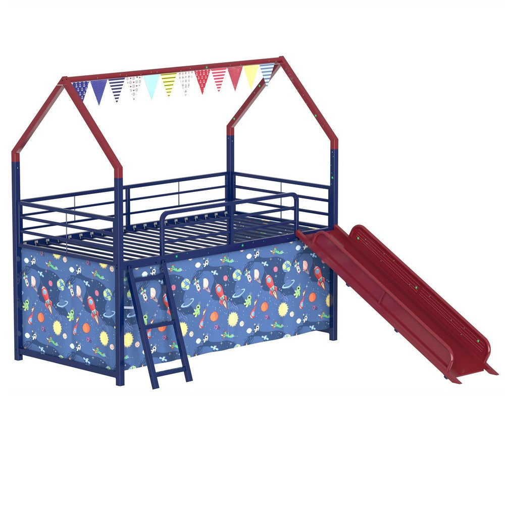 Zeso Kids Twin Loft Bed | House Design | Slide and Curtain | Navy Blue and Red