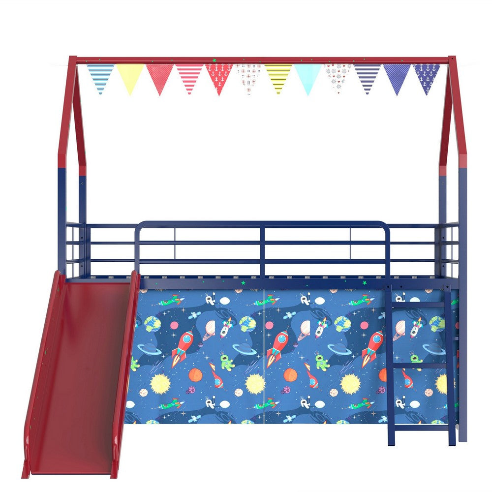 Zeso Kids Twin Loft Bed | House Design | Slide and Curtain | Navy Blue and Red