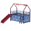 Zeso Kids Twin Loft Bed | House Design | Slide and Curtain | Navy Blue and Red