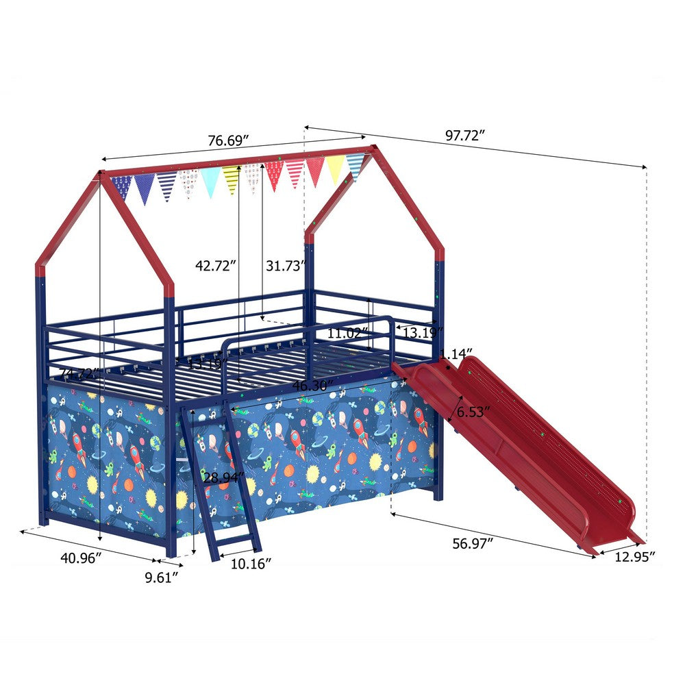 Zeso Kids Twin Loft Bed | House Design | Slide and Curtain | Navy Blue and Red