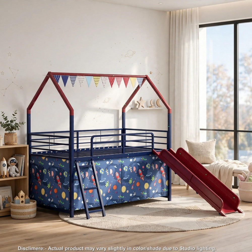 Zeso Kids Twin Loft Bed | House Design | Slide and Curtain | Navy Blue and Red