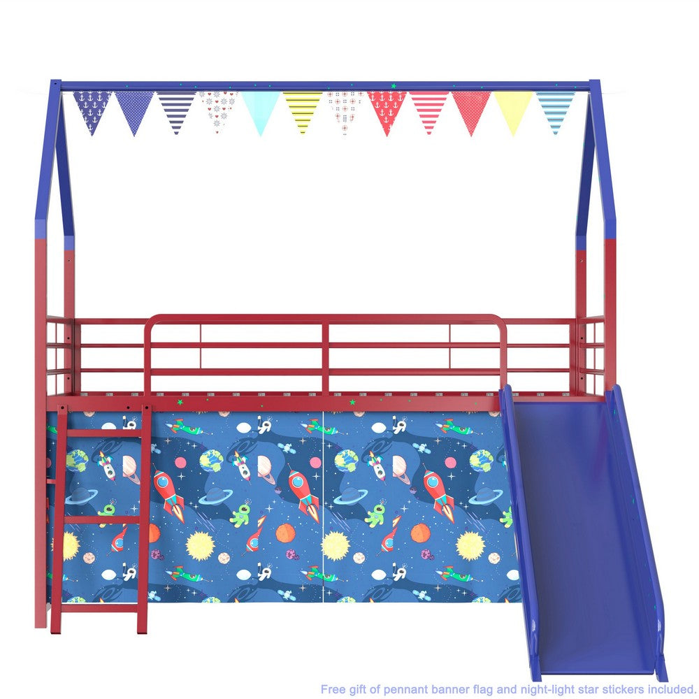 Zeso Kids Twin Loft Bed | House Design | Navy Blue and Red | Slide and Curtain